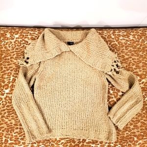 KENZIE Fringed Shawl Collar Knit Sweater, L, TAN
